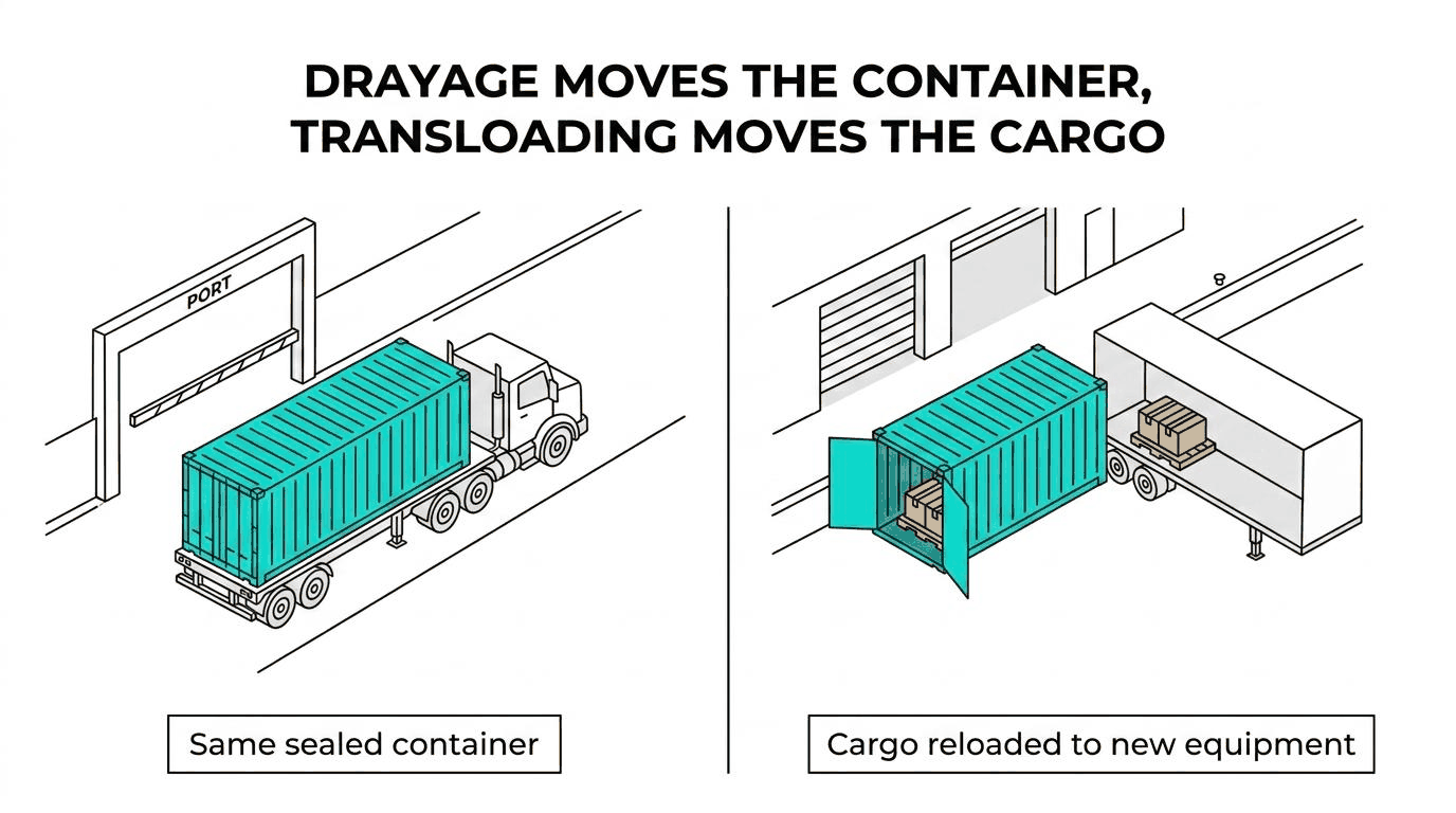 Diagram: drayage moves the same sealed container out of the port on a chassis, while transloading reloads the cargo into new domestic equipment at a warehouse